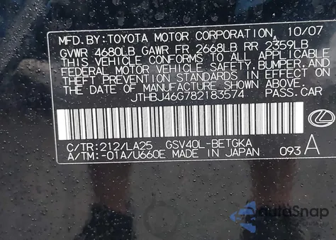 2008 Lexus Es from USA, damaged, VIN JTHBJ46G782183574